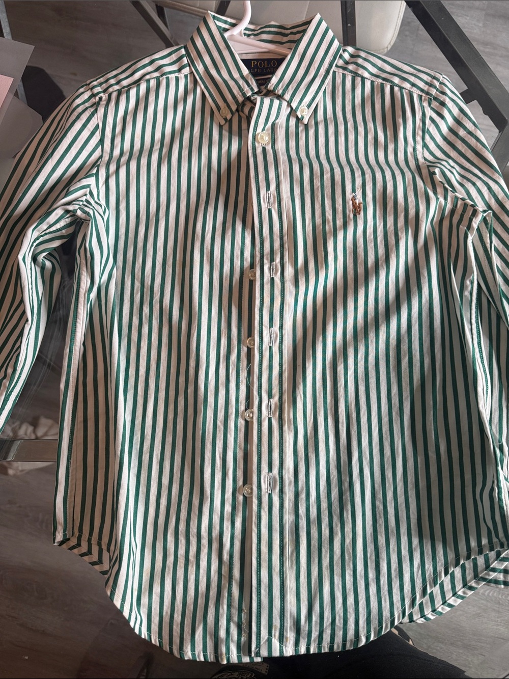 Polo by Ralph Lauren Green and White Vertical Stripe Button‑Down Shirt